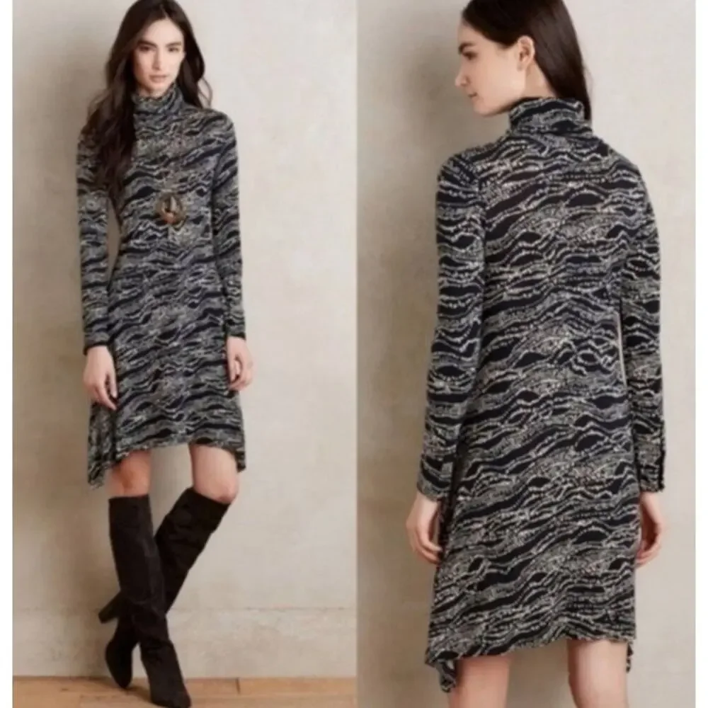 Maeve Anthropologie Black & White Turtleneck Dark Academia Swing Stretch Dress